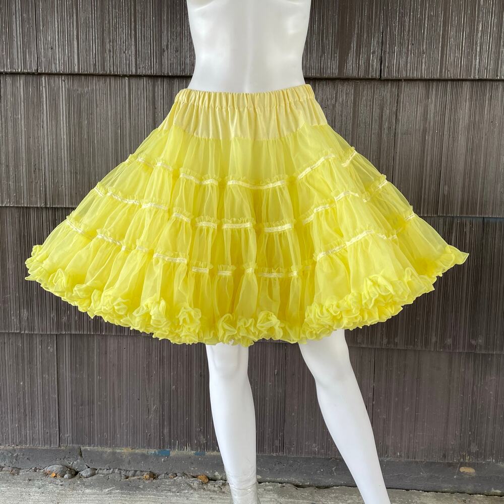 🔥VTG Fluffy Ruffle 2 Layers Yellow Petticoat Rockabilly Full Skirt Square Dance